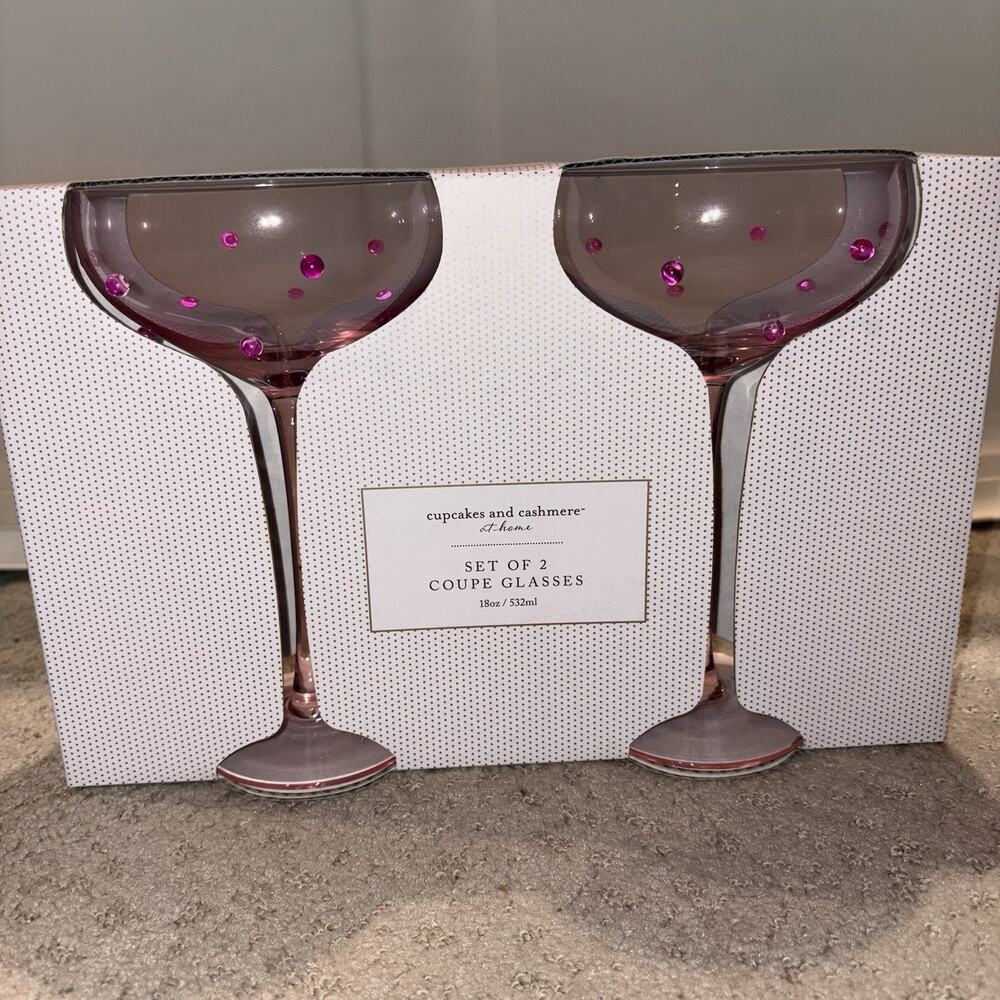 NEW Dotted PINK COUPE GLASSES Martini Margarita Cocktail 3D Dots Beaded SET OF 2